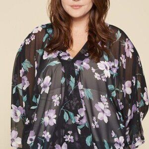 Plus Size Floral Chiffon Sheer Surplice Top